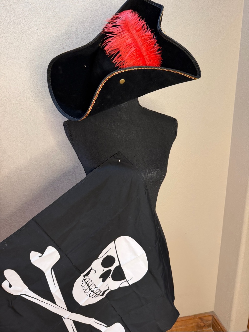 Unisex Black Pirate Hat and Skull Flag Costume Set - Red Feather Accent OS